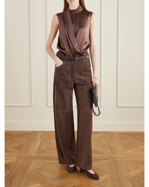 Brunello Cucinelli Brown Wrap-Effect Sleeveless Draped Silk-Blend Satin Blouse