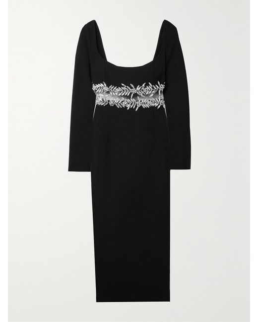 Oscar de la Renta Black Crystal-Embellished Wool-Blend Midi Dress