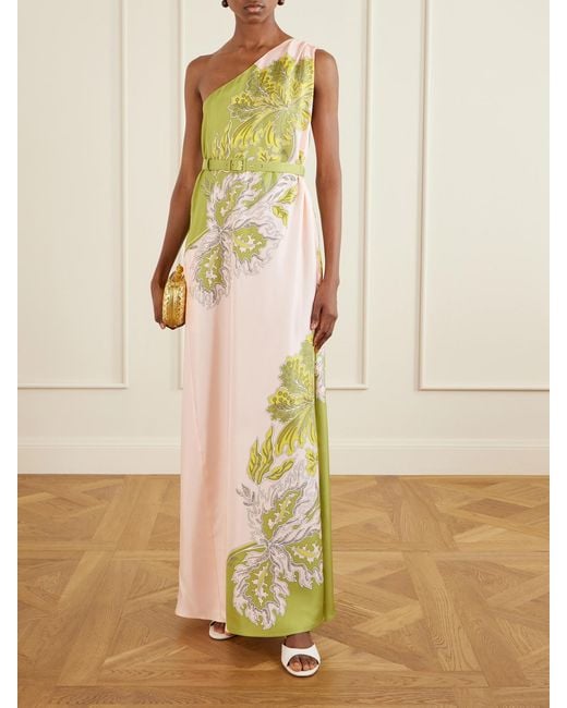 LaDoubleJ Pink Roy One-Shoulder Belted Floral-Print Silk-Twill Maxi Dress