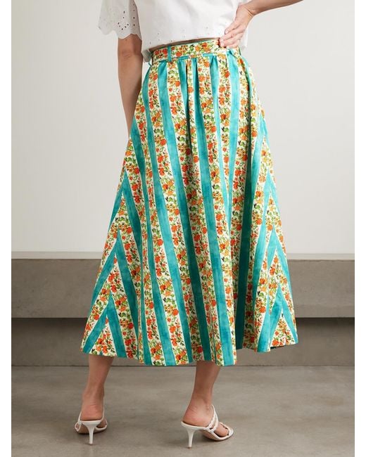 Saloni Blue Kirat Belted Striped Floral-Print Cotton-Poplin Midi Skirt