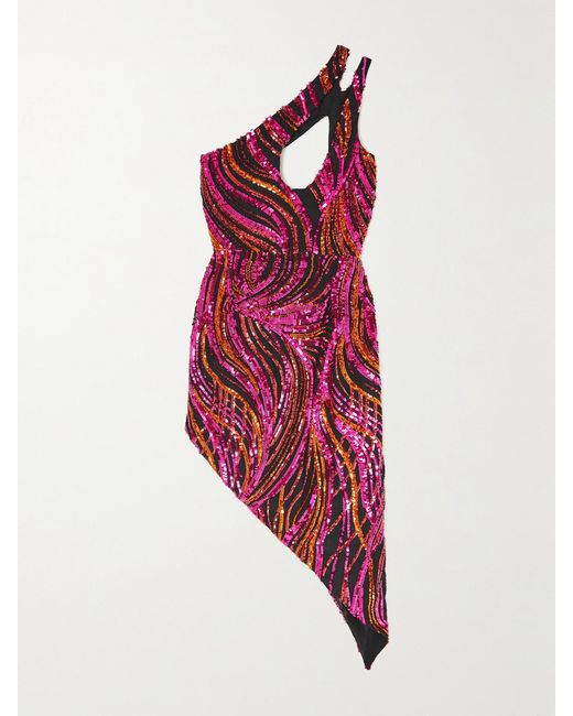 Halpern Red One-Shoulder Cutout Sequined Tulle Mini Dress