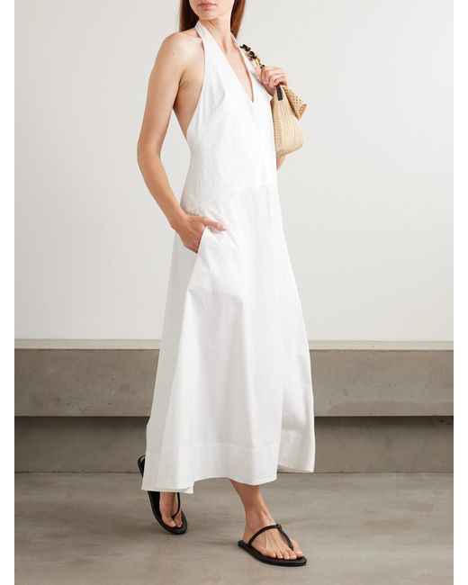 St. Agni White Crinkled Cotton-Blend Poplin Halterneck Maxi Dress