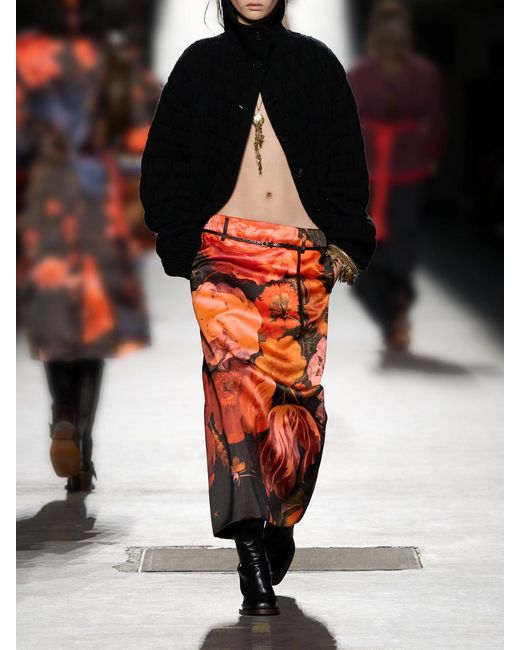 Dries Van Noten Orange Floral-Print Satin-Duchesse Midi Skirt