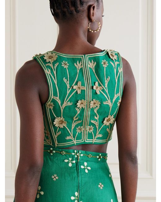 Agua Bendita Green Coralina Esmeralda Appliquéd Embroidered Linen Bustier Top
