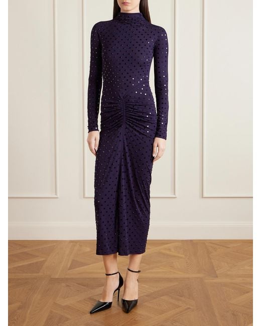 Alaïa Blue Gathered Crystal-Embellished Jersey Midi Dress