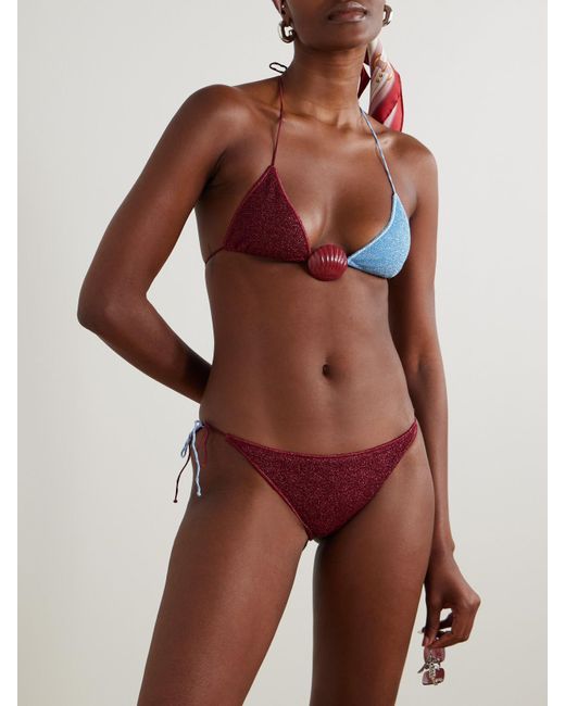 Oseree White Lumière Shell Embellished Two-Tone Metallic Triangle Bikini