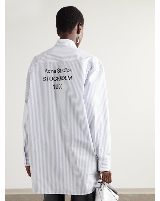 Acne White Oversized-Hemd Aus Gestreiftem Baumwoll-Oxford Mit Print