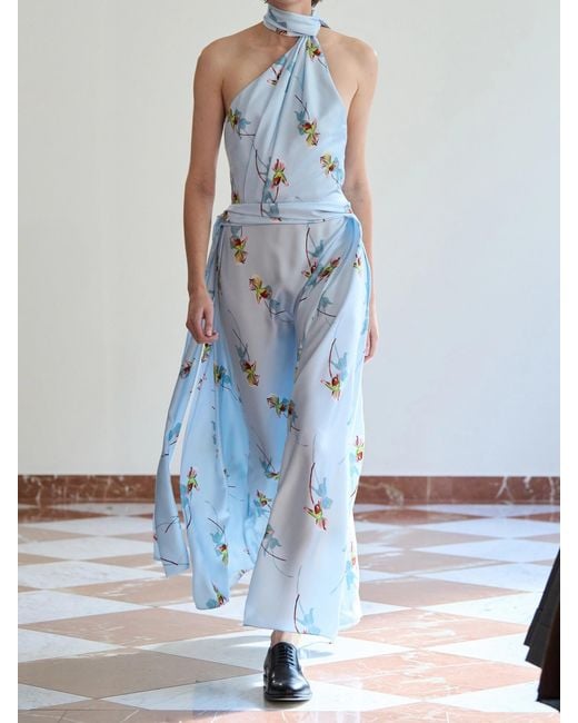 Emilia Wickstead White Tie-Detailed Pleated Floral-Print Halterneck Silk-Twill Gown