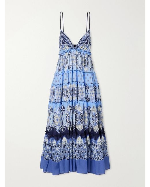 LaDoubleJ Blue Nymph Tiered Printed Cotton Maxi Dress