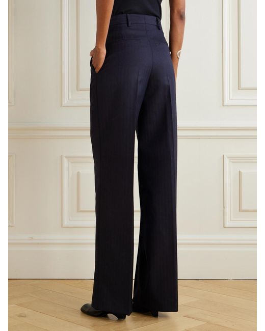 Dries Van Noten Blue Pleated Herringbone Wool Straight-Leg Pants