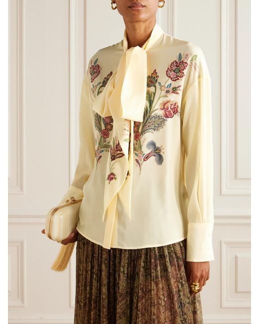 Etro Natural Pussy-Bow Floral-Print Silk-Chiffon Blouse