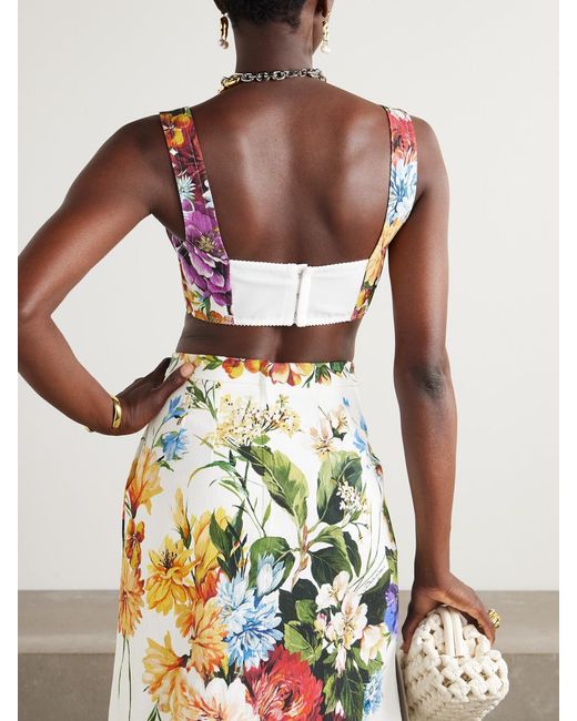 Dolce & Gabbana White Cropped Poplin-Trimmed Floral-Print Crepon Bustier Top