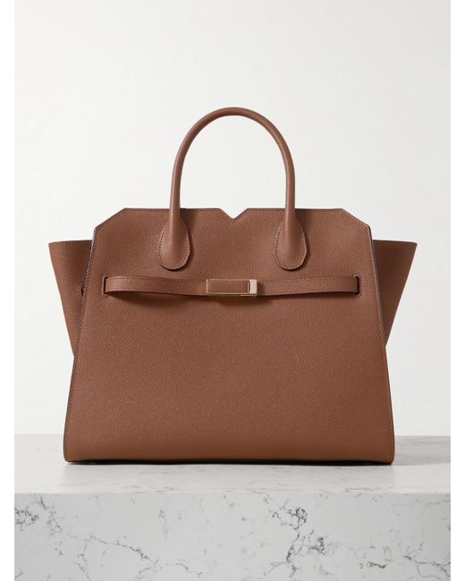 Valextra Brown Milano Mittelgroße Schultertasche Aus Strukturiertem Leder