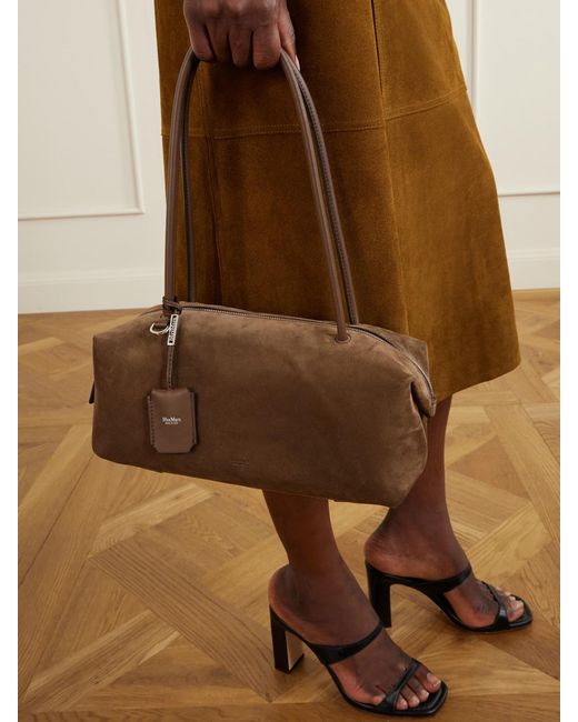 Max Mara Brown Logo-Debossed Leather-Trimmed Suede Shoulder Bag