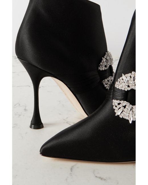 Manolo Blahnik Black Prabina 105 Crystal-Embellished Satin Ankle Boots