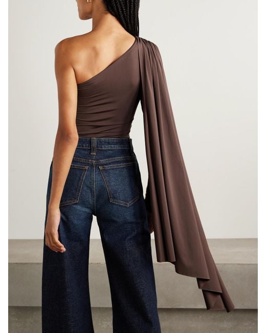 Maygel Coronel Brown Burano One-Shoulder Cape-Effect Gathered Draped Stretch-Jersey Bodysuit