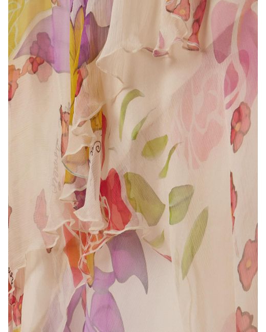 Donde Esteban White Flores Maxikleid Aus Seidenchiffon Mit Blumenprint Und Volants