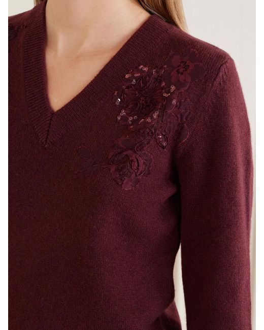 Self-Portrait Purple Floral-Embellished Wool-Blend Cardigan