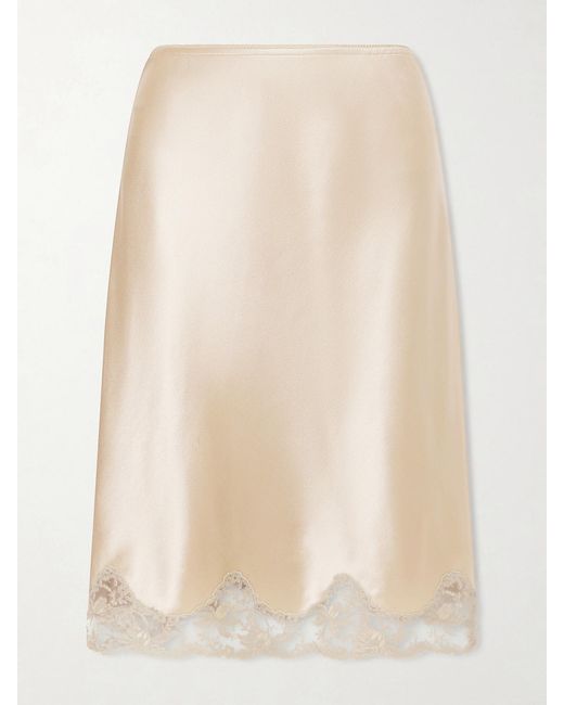 Saint Laurent Natural Lace-Trimmed Silk-Satin Skirt