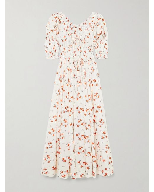 Doen White Ischia Shirred Floral-Print Organic Cotton-Blend Voile Midi Dress