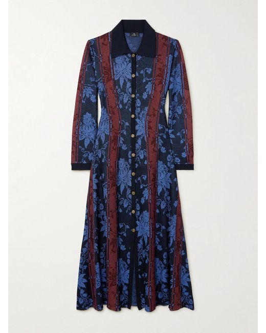Etro Blue Midi-Hemdblusenkleid Aus Jacquard-Strick Mit Blumenmuster