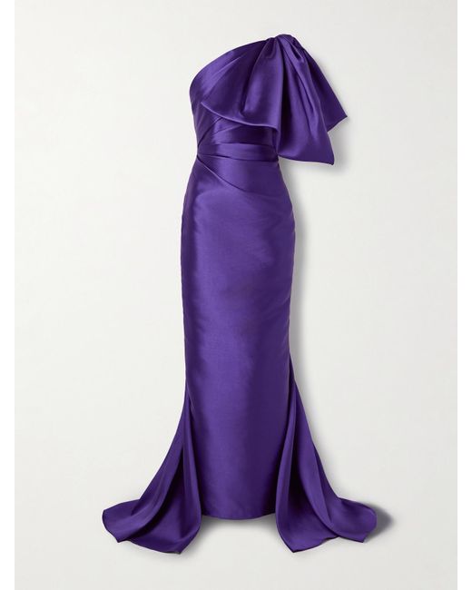 Solace London Purple Priya One-Shoulder Bow-Embellished Satin-Twill Gown