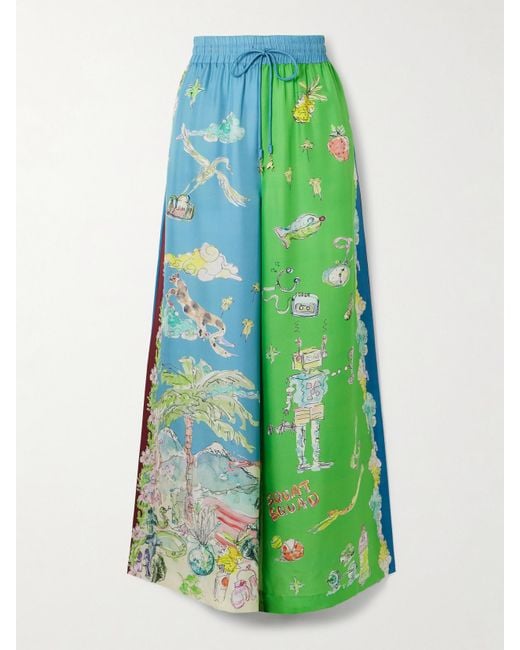 ALÉMAIS Green Anouk Colantoni Daria Embellished Printed Silk-Twill Wide-Leg Pants