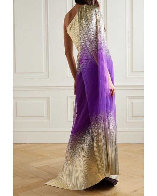 Dima Ayad Purple One-Shoulder Ombré Metallic Plissé-Tulle Gown