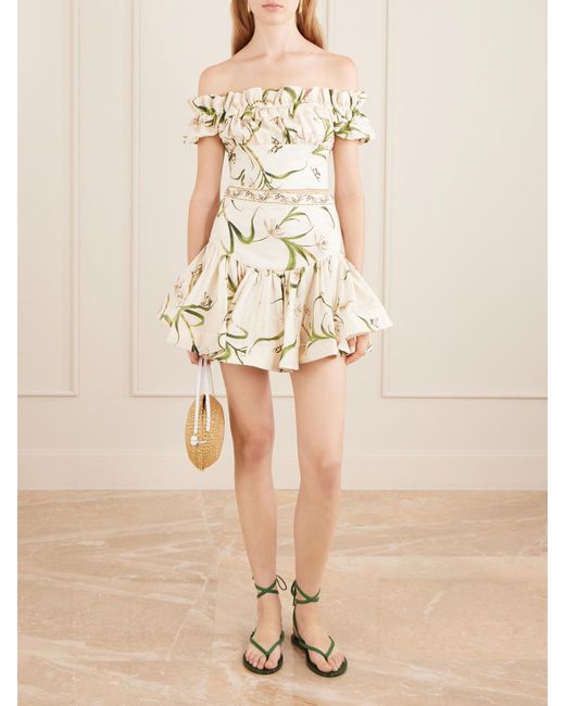 Agua Bendita Natural Jacarina Ruffled Floral-Printed Linen Mini Skirt