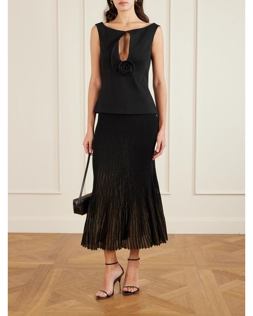 Ulla Johnson Black Vera Pleated Metallic Ribbed-Knit Midi Skirt