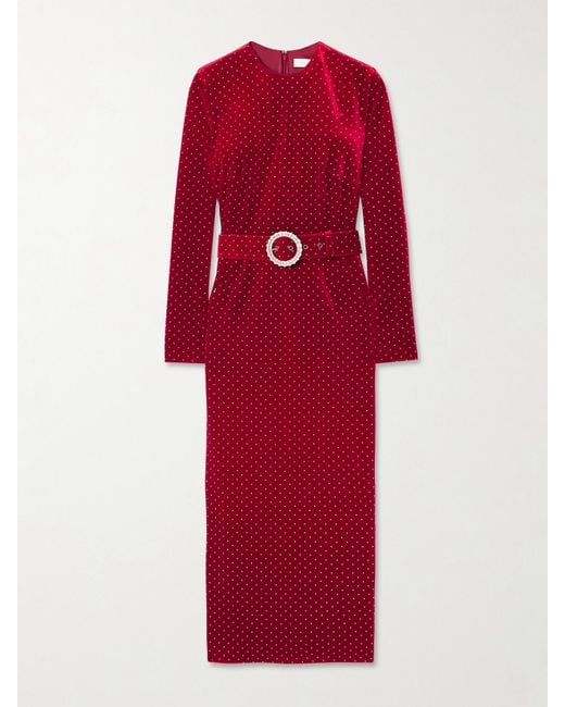 Borgo De Nor Red Kiara Belted Crystal-Embellished Stretch-Velvet Midi Dress