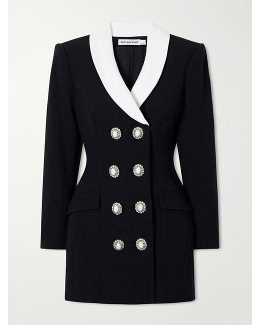 Self-Portrait Blue Double-Breasted Wool-Crepe Mini Dress