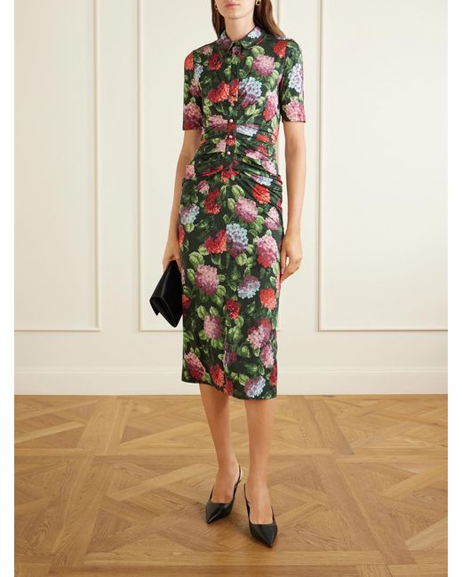Carolina Herrera Multicolor Floral-Print Ruched Jersey Midi Dress