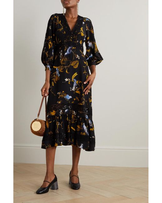 Erdem Black Lace-Trimmed Floral-Print Silk Crepe De Chine Midi Dress