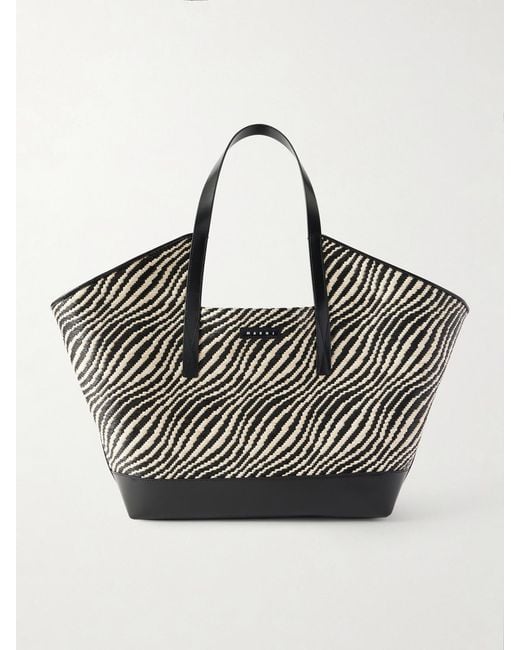 Marni Black Waves Leather-Trimmed Jacquard Raffia-Like Tote