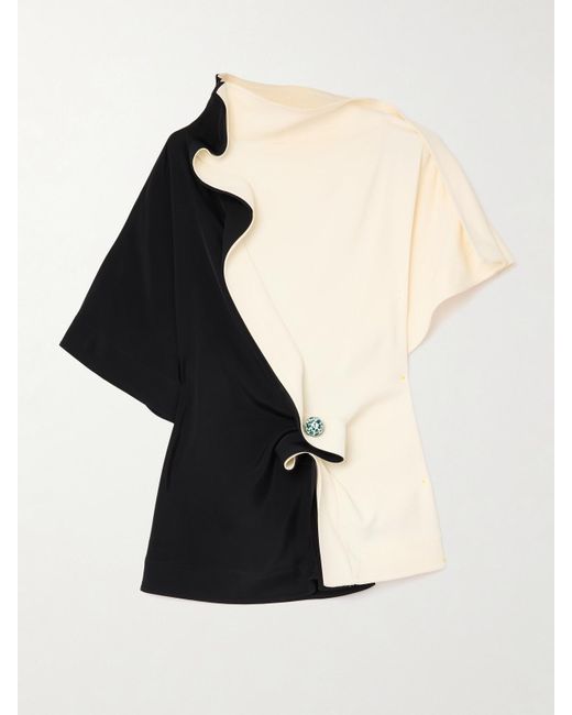 Bottega Veneta Black Embellished Ruffled Draped Two-Tone Crepe Top
