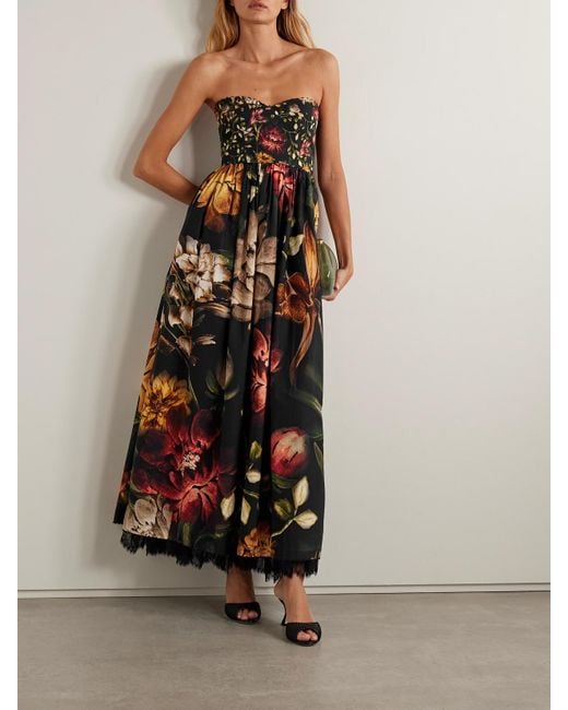 Agua Bendita White Tonia Paramo Strapless Lace-Trimmed Embellished Floral-Print Cotton-Poplin Midi Dress