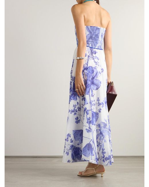Charo Ruiz Blue Kolay Strapless Smocked Floral-Print Cotton-Blend Maxi Dress