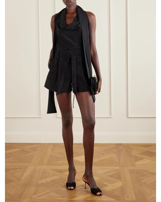 Galvan Black Livia Belted Pleated Suede Shorts