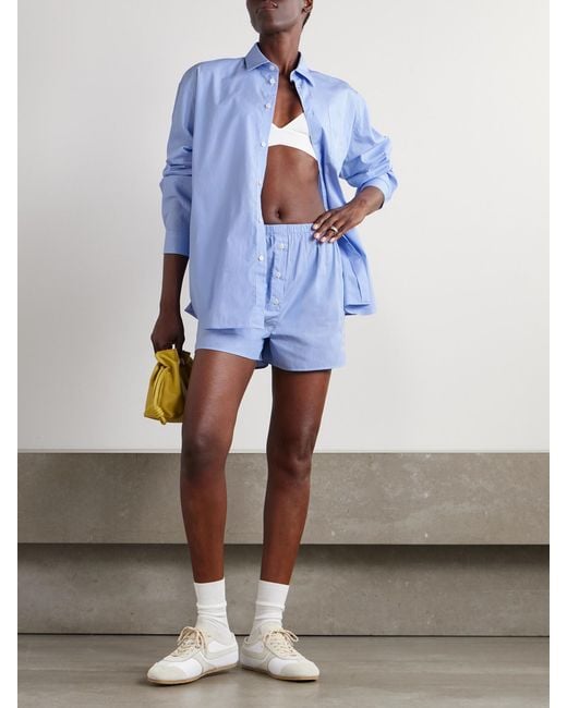 Sporty & Rich Blue Vendome Embroidered Pinstriped Cotton-Poplin Shorts