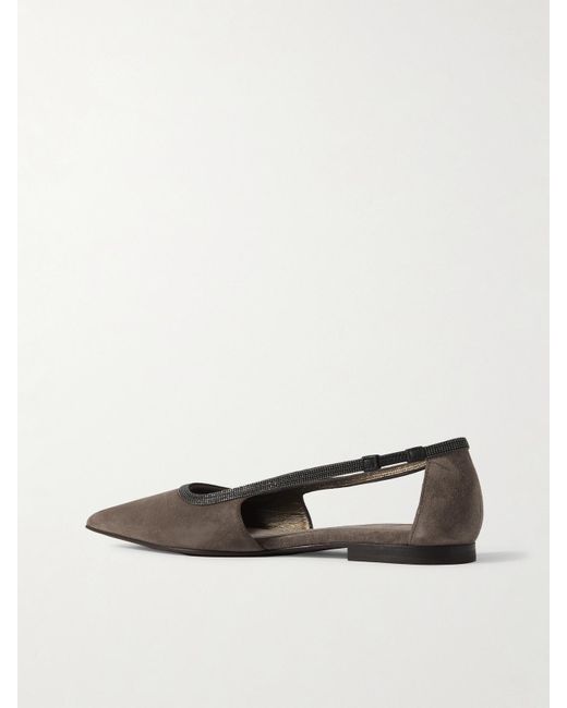 Brunello Cucinelli White Bead-Embellished Suede Point-Toe Flats