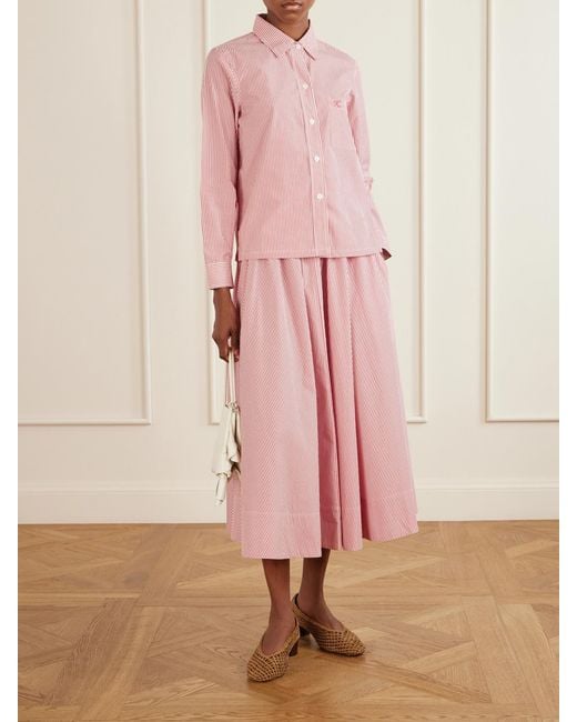 Suzie Kondi Pink Kyria Shirred Striped Cotton-Poplin Midi Skirt