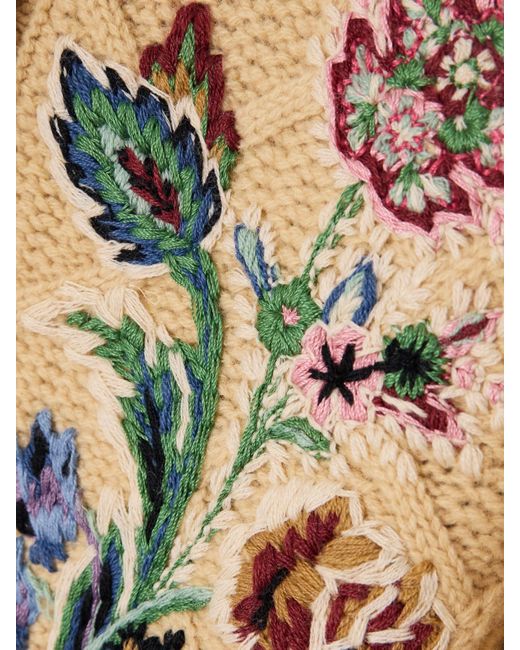 Etro Natural Embroidered Cable-Knit Wool And Cashmere-Blend Cardigan
