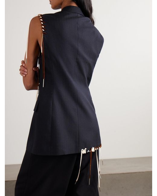 Dries Van Noten Blue Fringed Grosgrain And Velvet-Trimmed Herringbone Wool Vest