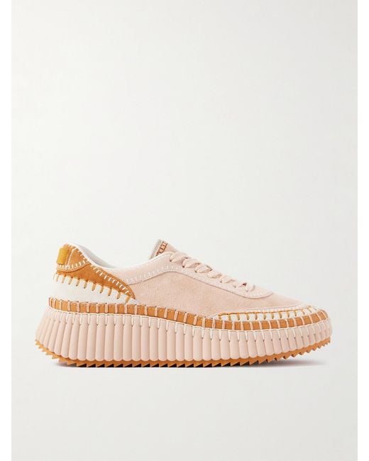 Chloé Natural Nama Embroidered Leather-Trimmed Suede Platform Sneakers