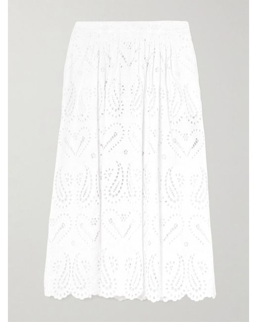 Etro White Pleated Scalloped Broderie Anglaise Cotton-Blend Poplin Midi Skirt