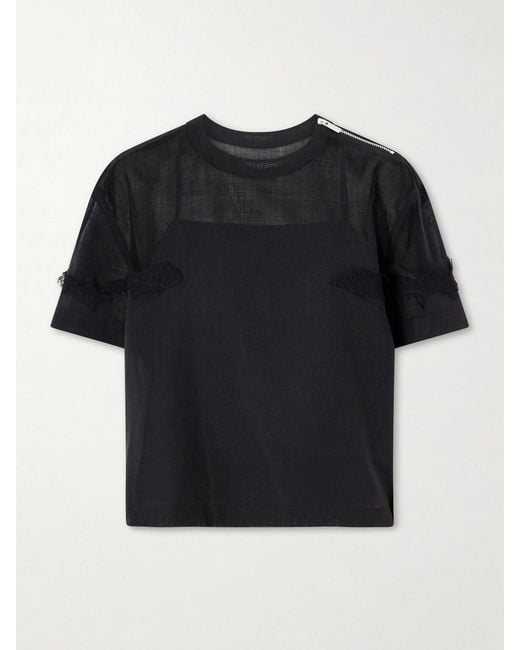 Sacai Black Lace-Trimmed Organza T-Shirt