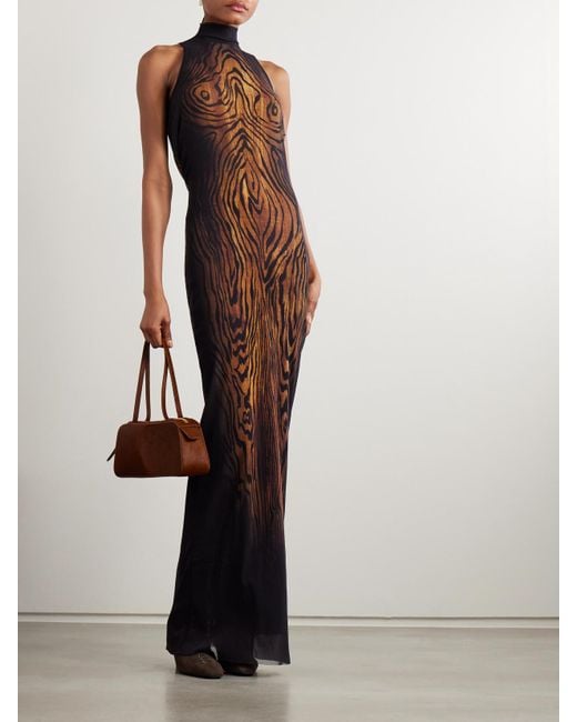 Jean Paul Gaultier White Layered Draped Printed Stretch-Tulle Turtleneck Maxi Dress
