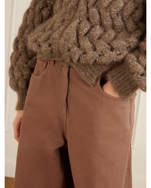 Brunello Cucinelli Brown Embellished High-Rise Wide-Leg Jeans