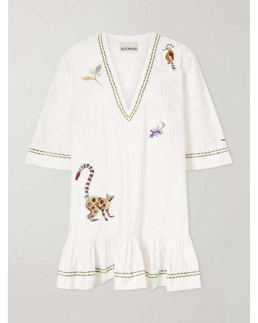 ALÉMAIS Natural Camelia Ruffled Embellished Organic Cotton-Poplin Mini Dress